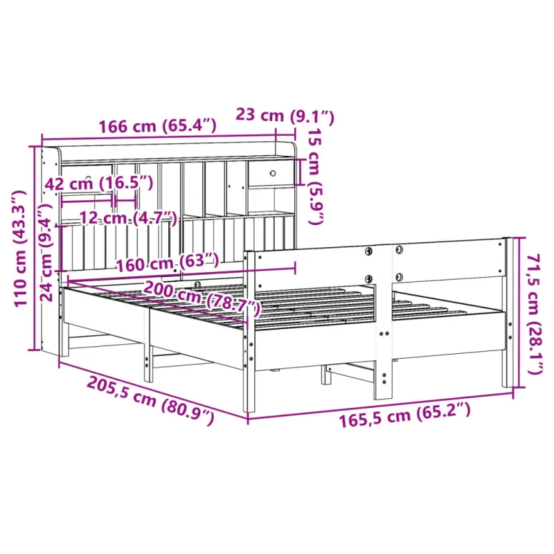 Lova su knygų spinta be čiužinio, ruda, 160x200cm, pušis