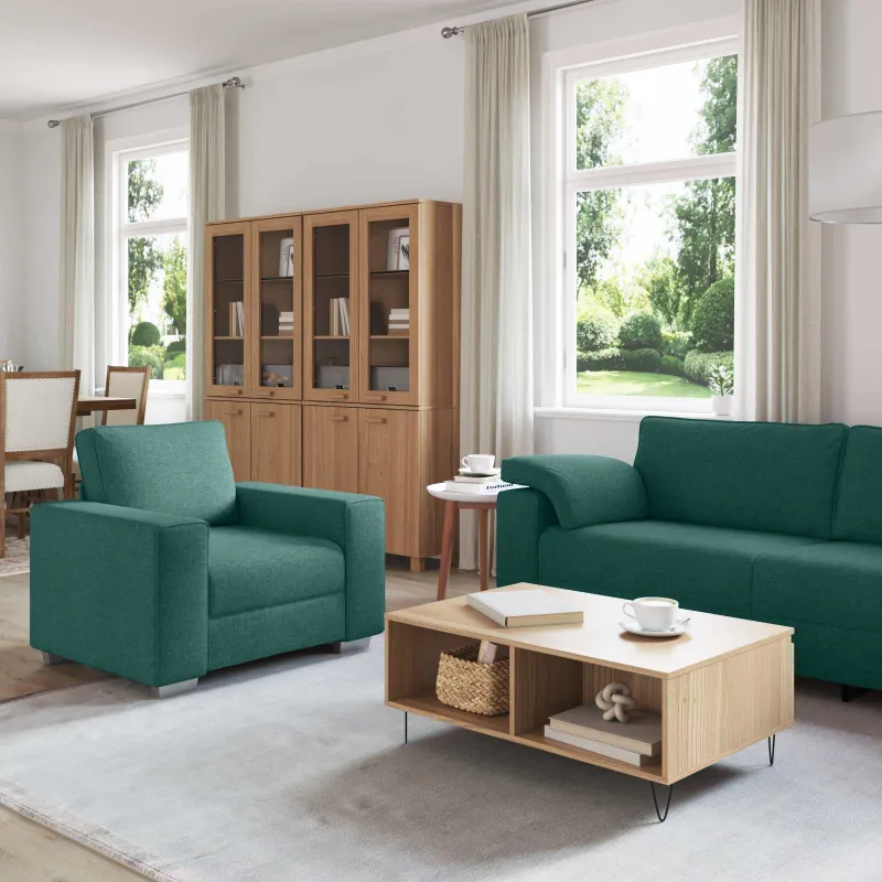 Sofa 3 pcs Tamsiai žalia 219 x 80 x 82 cm Lino mišinio audinys