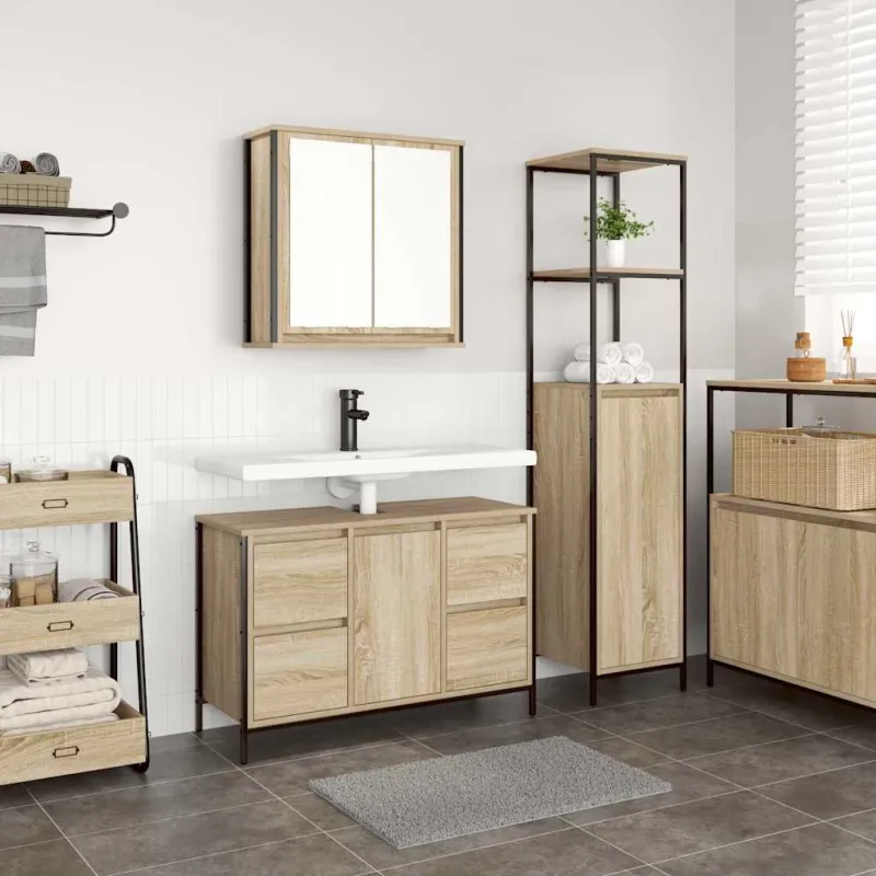 Vonios baldų rinkinys su stalčių 2 pcs Sonoma ąžuolas ir juoda