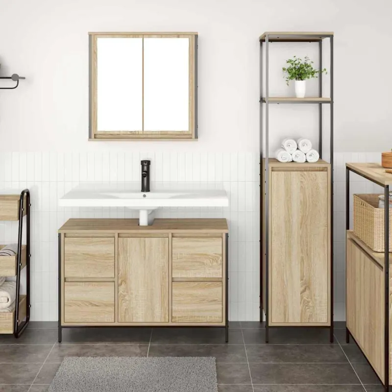 Vonios baldų rinkinys su stalčių 2 pcs Sonoma ąžuolas ir juoda