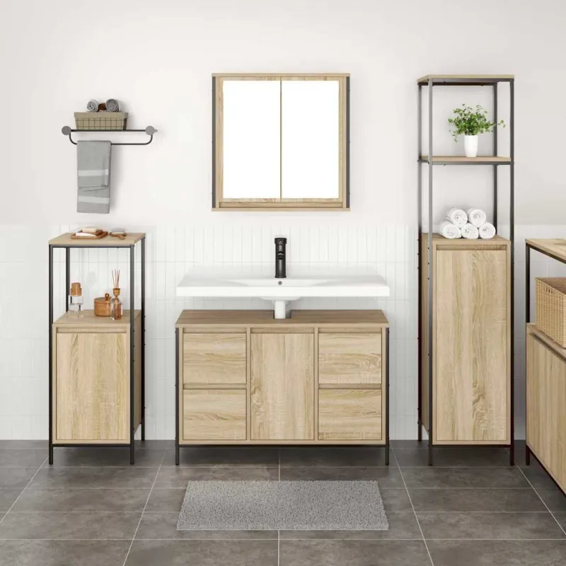 Vonios baldų rinkinys su stalčių 3 pcs Sonoma ąžuolo ir juoda
