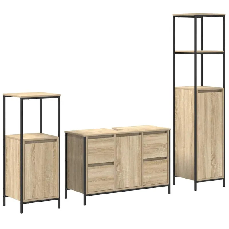Vonios baldų rinkinys su stalčių 3 pcs Sonoma ąžuolo ir juoda