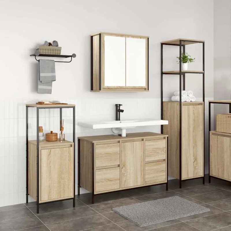 Vonios baldų rinkinys su stalčių 3 pcs Sonoma ąžuolo ir juoda