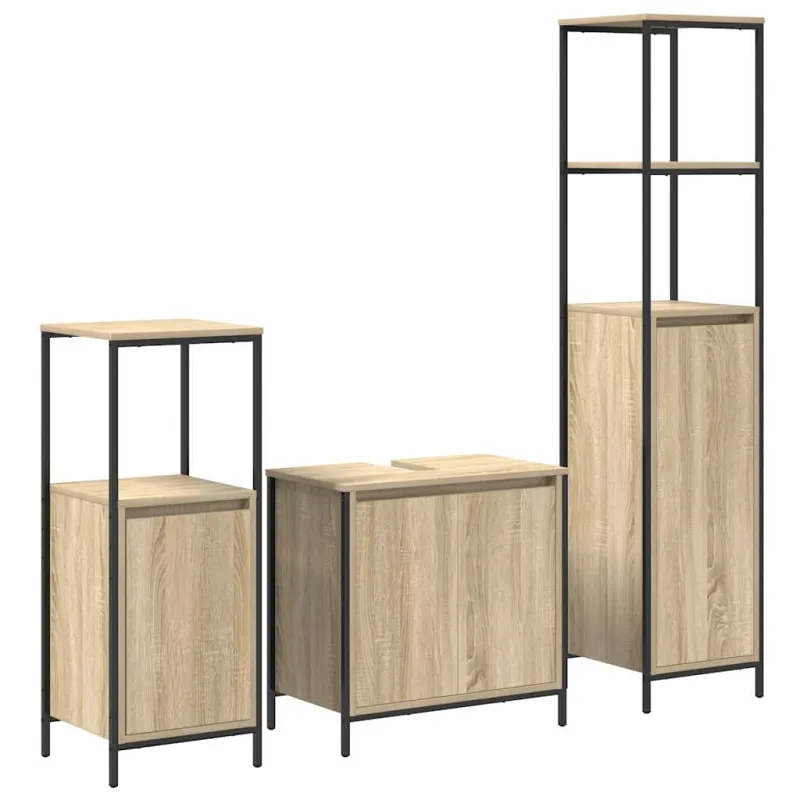 Vonios baldų rinkinys su lentyna 3 pcs Sonoma ąžuolas ir juoda