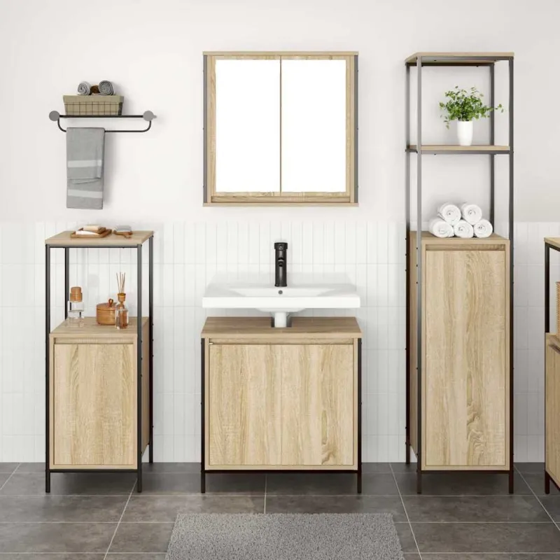 Vonios baldų rinkinys su lentyna 3 pcs Sonoma ąžuolas ir juoda