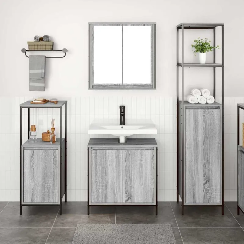 Vonios baldų rinkinys su lentyna 3 pcs Pilkas Sonoma ir juoda