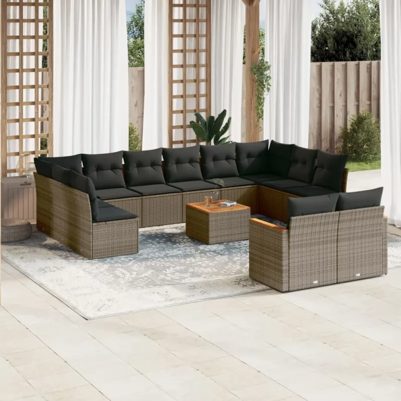 Sodo komplekti, 13 osaa, harmaa, polyrattana, tyynyt