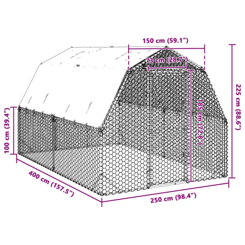 vištienos bėgimas su stogu 2,5x4x2,25 m cinkuoto plieno