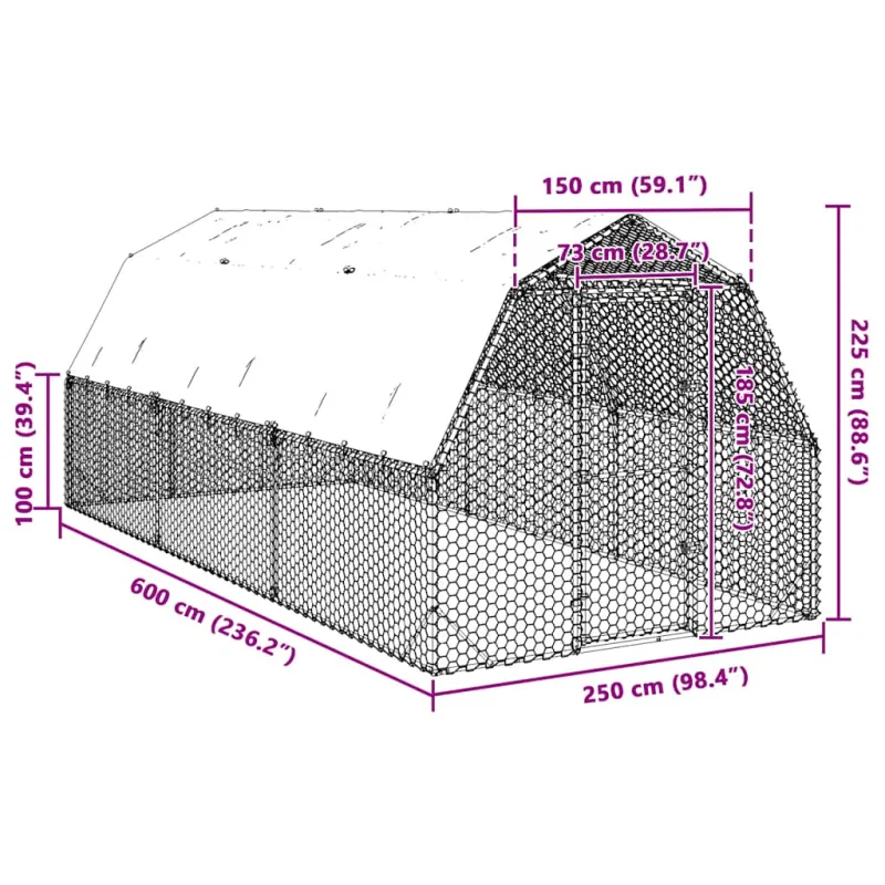 vištienos bėgimas su stogu 2,5x6x2,25 m cinkuoto plieno
