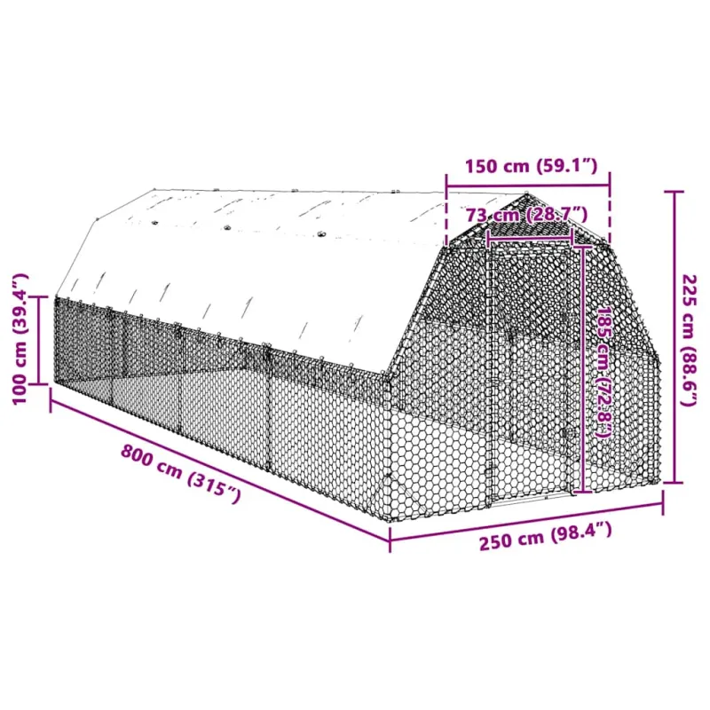 vištienos bėgimas su stogu 2,5x8x2,25 m cinkuoto plieno