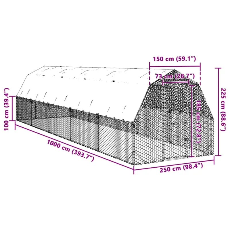 vištienos bėgimas su stogu 2,5x10x2,25 m cinkuoto plieno