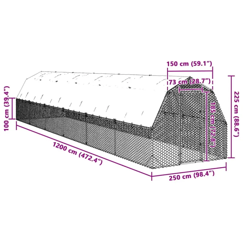 vištienos bėgimas su stogu 2,5x12x2,25 m cinkuoto plieno