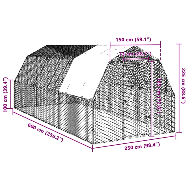 vištienos bėgimas su stogu 2,5x6x2,25 m cinkuoto plieno