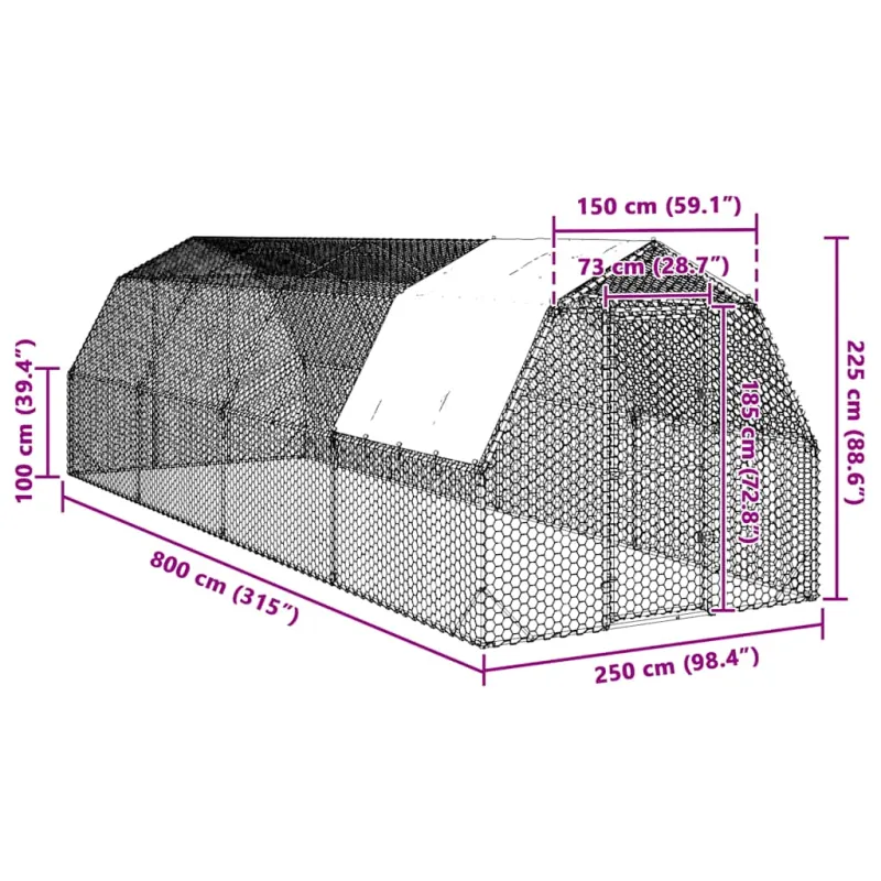 vištienos bėgimas su stogu 2,5x8x2,25 m cinkuoto plieno