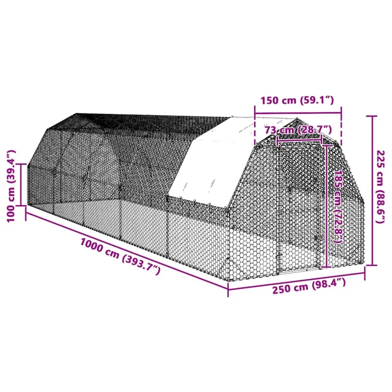 vištienos bėgimas su stogu 2,5x10x2,25 m cinkuoto plieno
