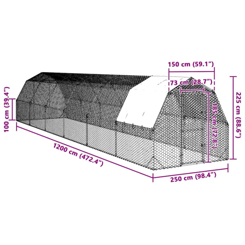 vištienos bėgimas su stogu 2,5x12x2,25 m cinkuoto plieno