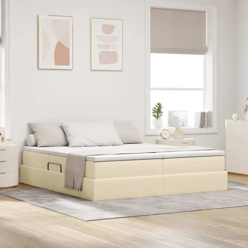 Lova su daiktų laikymo vieta ir čiužiniu Kreminė 200 x 200 cm