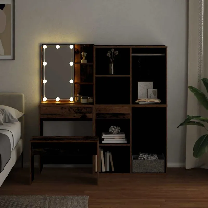 Kosmetinio staliuko su LED, sendintos medienos apdirbta mediena
