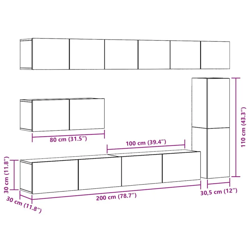 7 dalių sieninis televizoriaus spintelės komplektas Artisan Oak