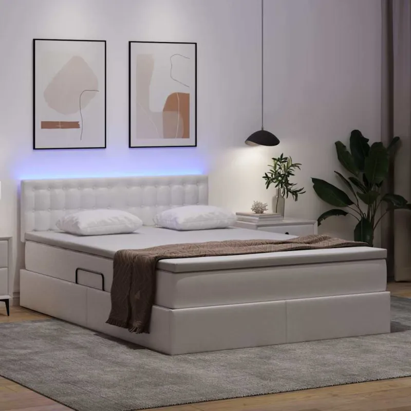 Lova su daiktų laikymo vieta ir LED Švari balta 140 x 190 cm