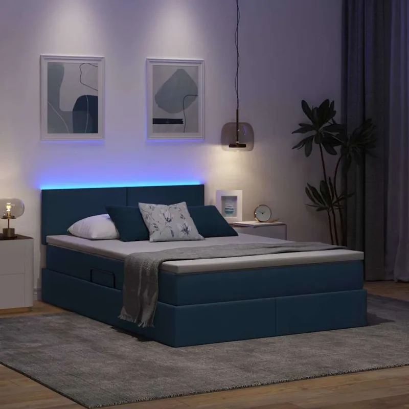 LED saugojimo lova su čiužiniu Mėlyna 140 x 190 cm Audinys
