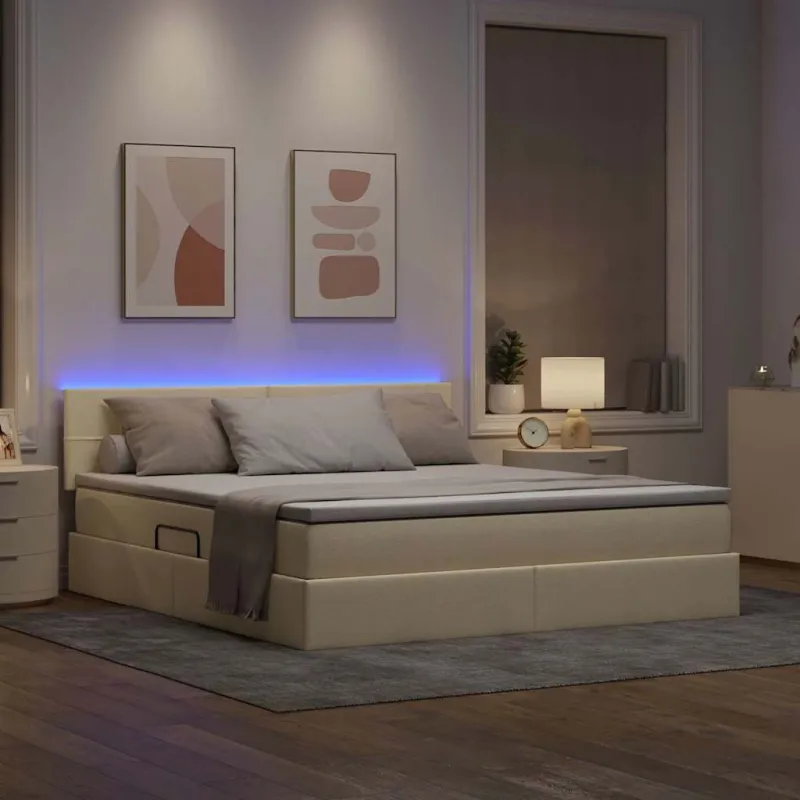 LED saugojimo lova su čiužiniu Kremas 160 x 200 cm Audinys