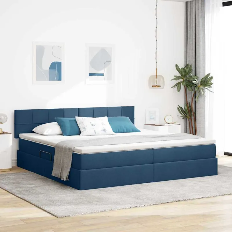 LED saugojimo lova su čiužiniu Mėlyna 200 x 200 cm Audinys