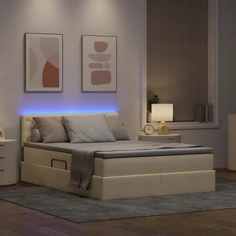 LED saugojimo lova su čiužiniu Kremas 140 x 200 cm Audinys