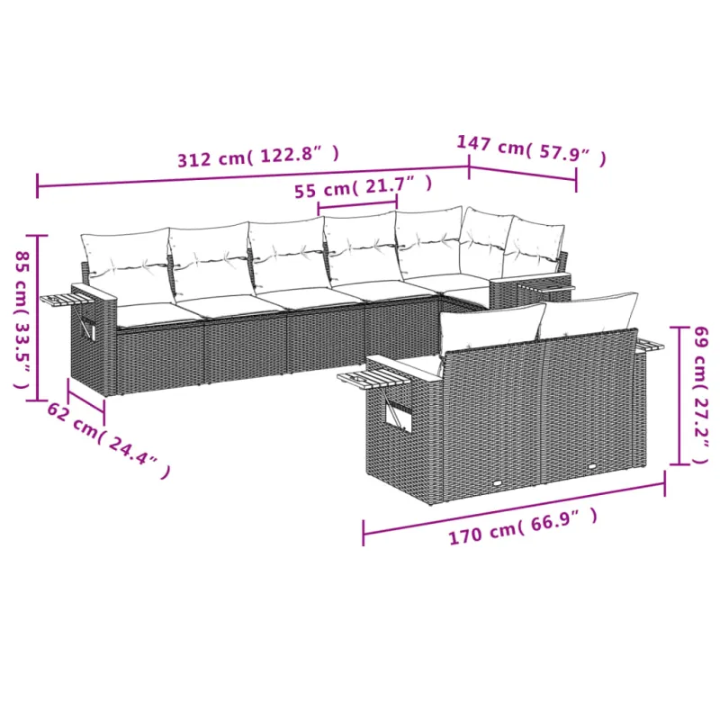 Sofoksen 8-os osainen setti tyynyine, musta, polyratasta
