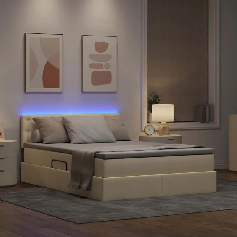 LED saugojimo lova su čiužiniu Kremas 140 x 200 cm Audinys
