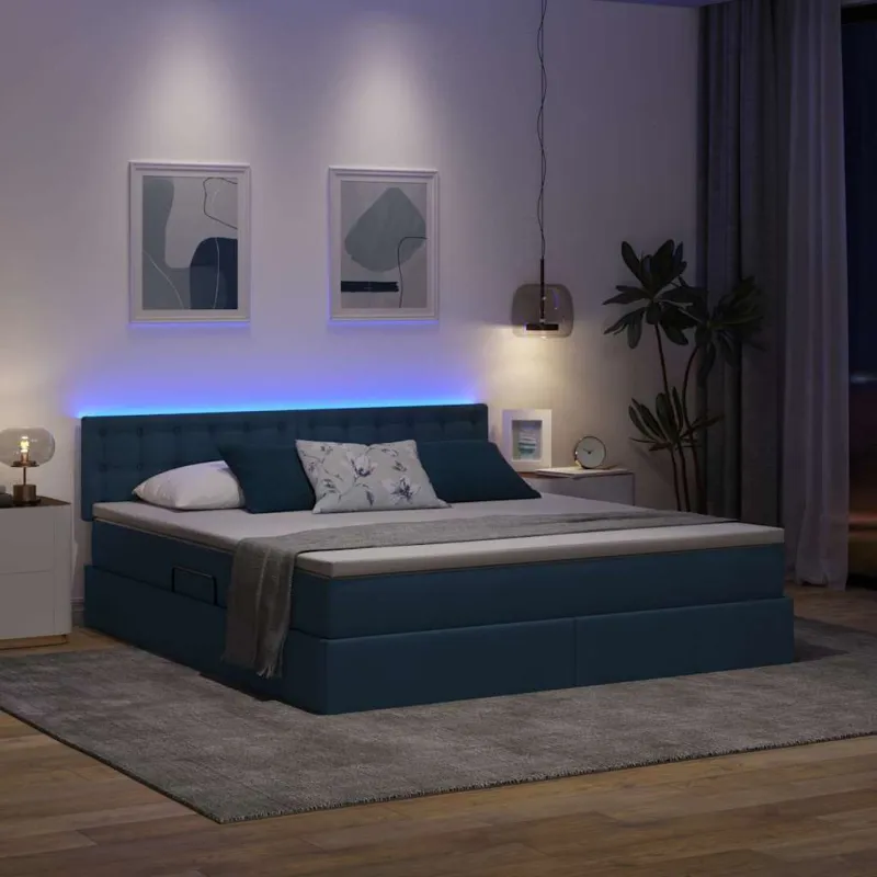 LED saugojimo lova su čiužiniu Mėlyna 160 x 200 cm Audinys