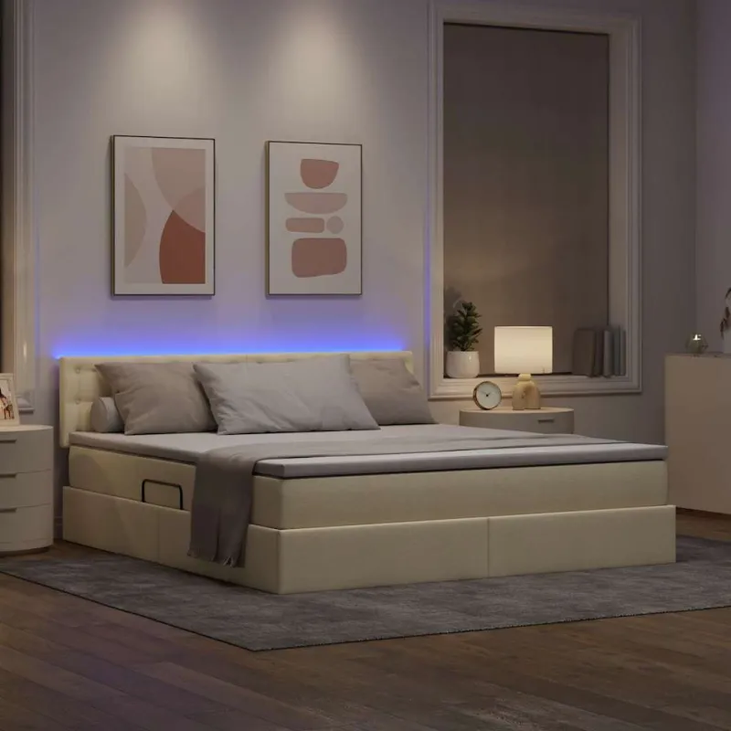 LED saugojimo lova su čiužiniu Kremas 180 x 200 cm Audinys
