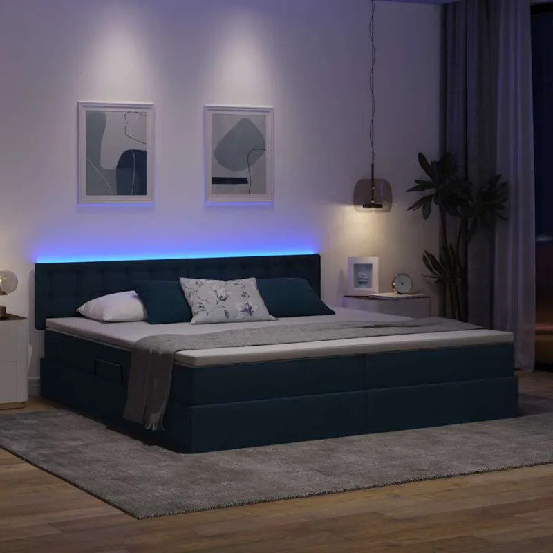 LED saugojimo lova su čiužiniu Mėlyna 200 x 200 cm Audinys