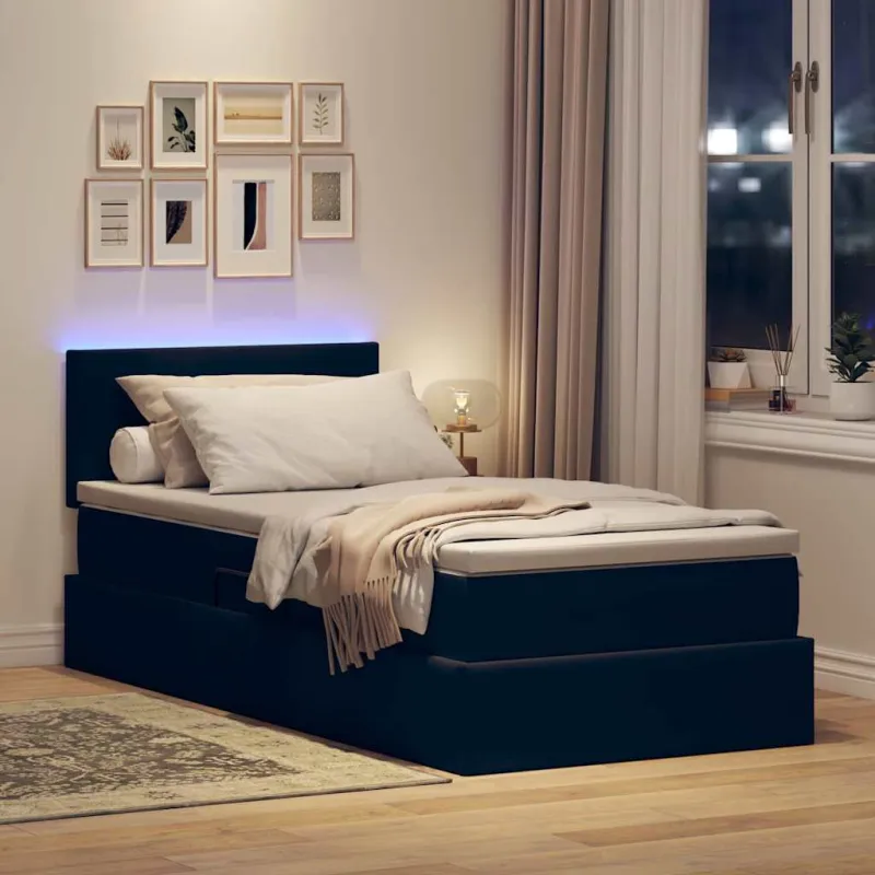 LED saugojimo lova su čiužiniu Juoda 90 x 190 cm Aksomas