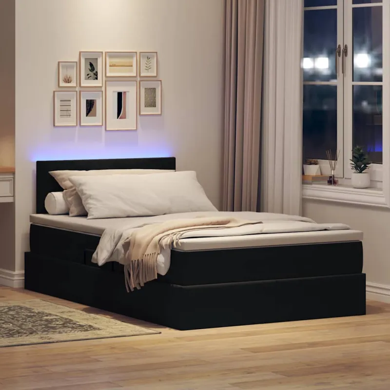LED saugojimo lova su čiužiniu Juoda 120 x 200 cm Aksomas