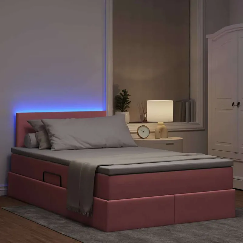 LED saugojimo lova su čiužiniu Rožinė 120 x 200 cm Aksomas