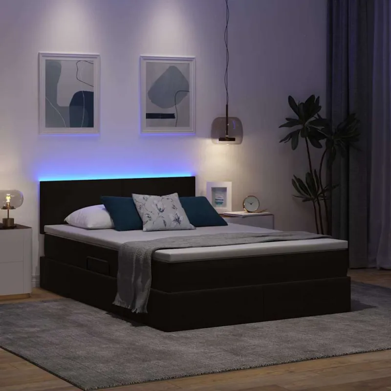 LED saugojimo lova su čiužiniu Juoda 140 x 190 cm Aksomas