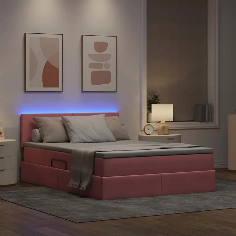 LED saugojimo lova su čiužiniu Rožinė 140 x 190 cm Aksomas