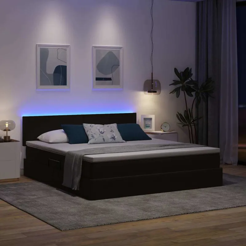 LED saugojimo lova su čiužiniu Juoda 160 x 200 cm Aksomas