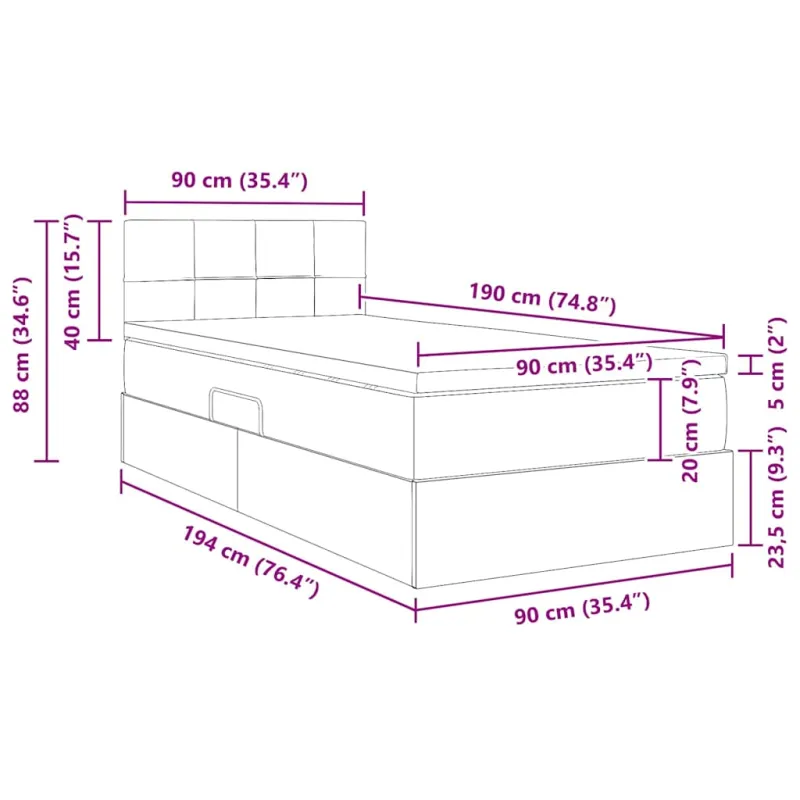 LED saugojimo lova su čiužiniu Juoda 90 x 190 cm Aksomas