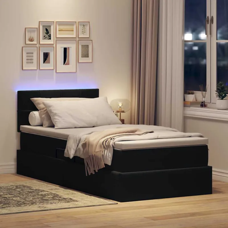 LED saugojimo lova su čiužiniu Juoda 100 x 200 cm Aksomas
