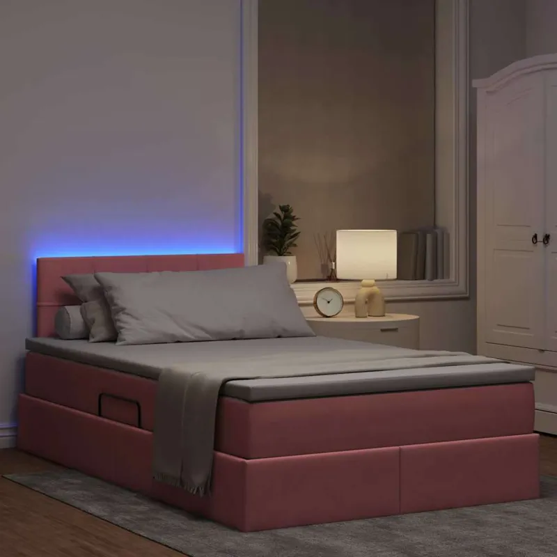LED saugojimo lova su čiužiniu Rožinė 120 x 200 cm Aksomas