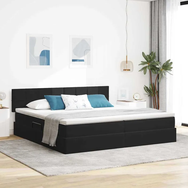LED saugojimo lova su čiužiniu Juoda 200 x 200 cm Aksomas
