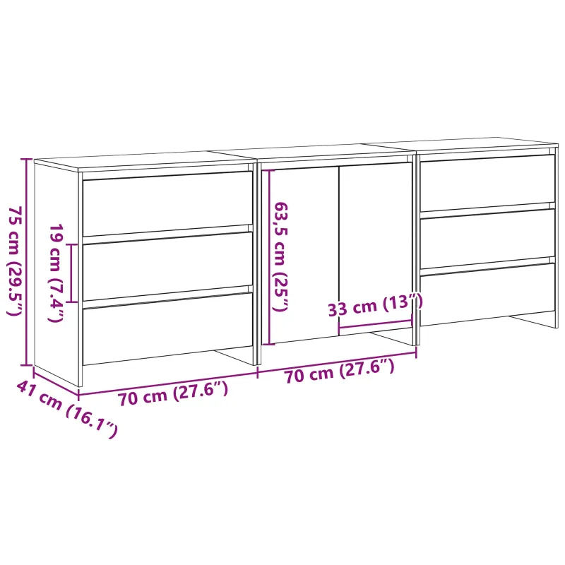 Kabalas su stalčių 3 pcs Juoda 70 x 41 x 75 cm Apdirbta mediena