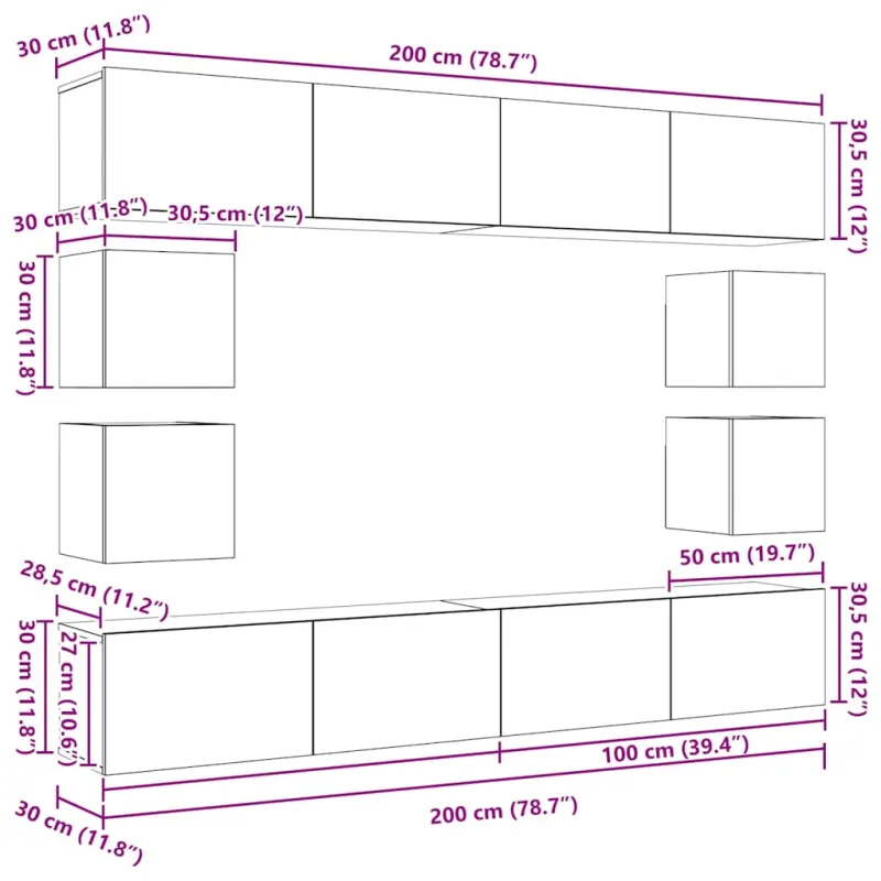 TV spintelių komplektas 8 pcs Juodas ąžuolas Apdirbta mediena