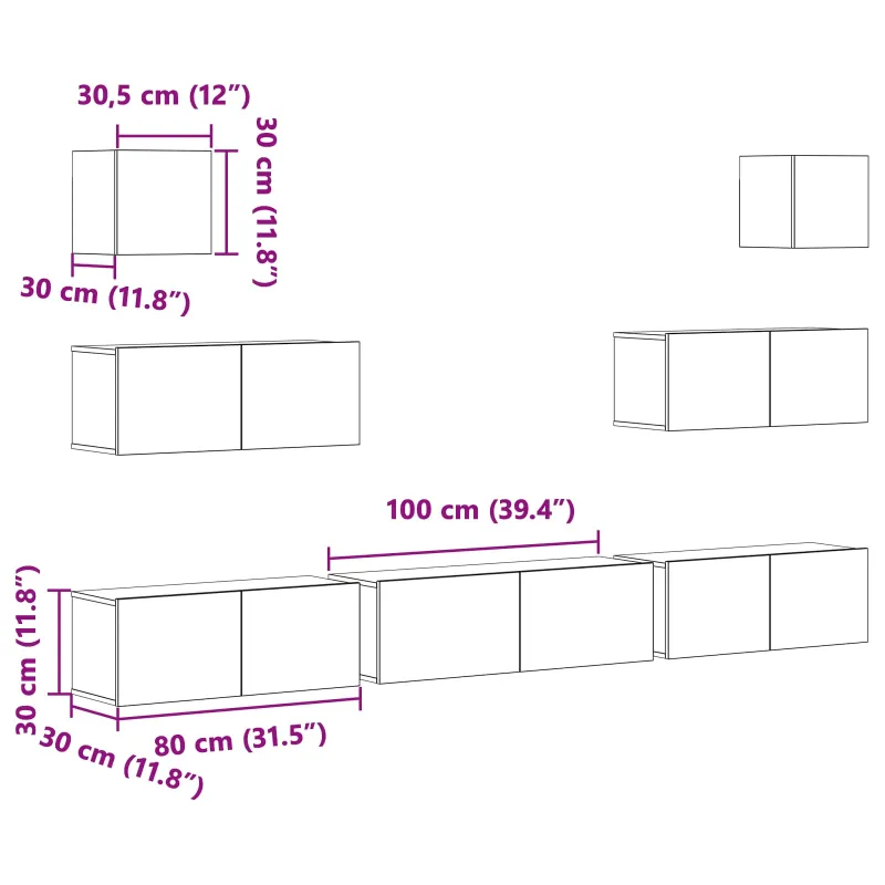 TV spintelių komplektas 7 pcs Juodas ąžuolas 100 x 30 x 30 cm