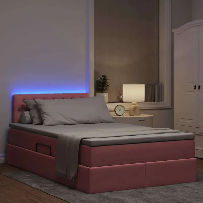 LED saugojimo lova su čiužiniu Rožinė 120 x 200 cm Aksomas