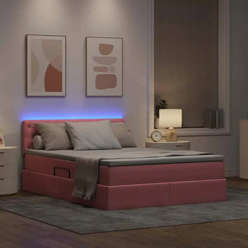 LED saugojimo lova su čiužiniu Rožinė 140 x 190 cm Aksomas