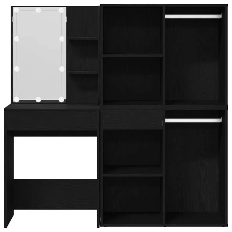 LED makiažo stalo komplektas Juodas ąžuolas 140 x 40 x 140 cm