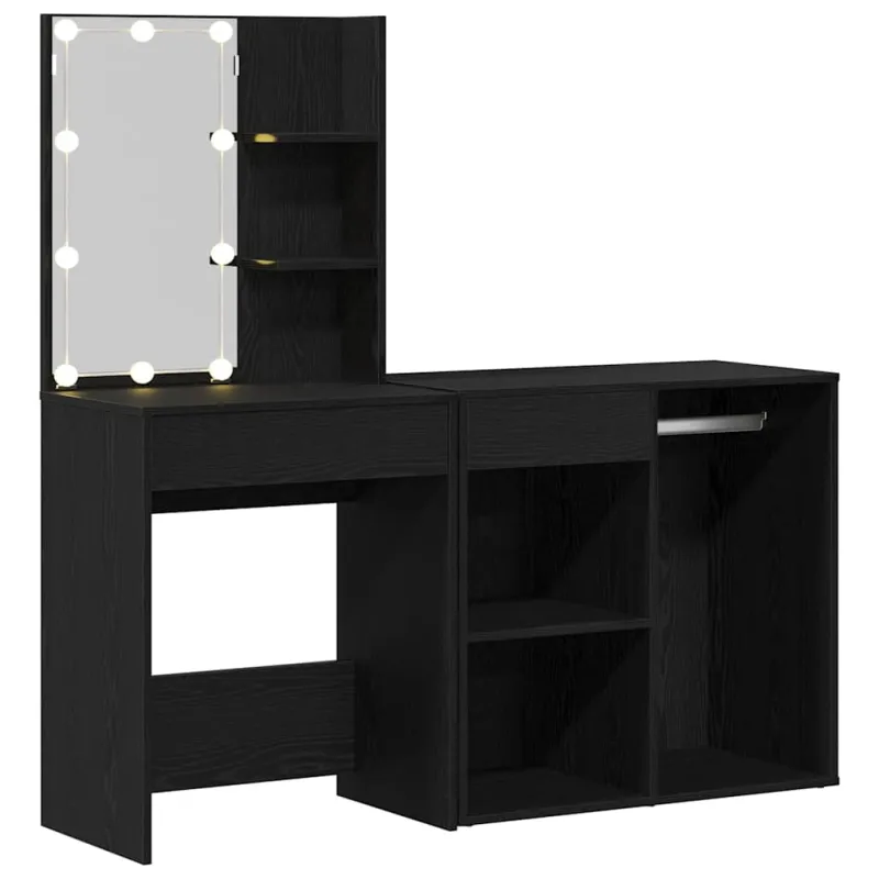 LED makiažo stalo komplektas Juodas ąžuolas 140 x 40 x 140 cm